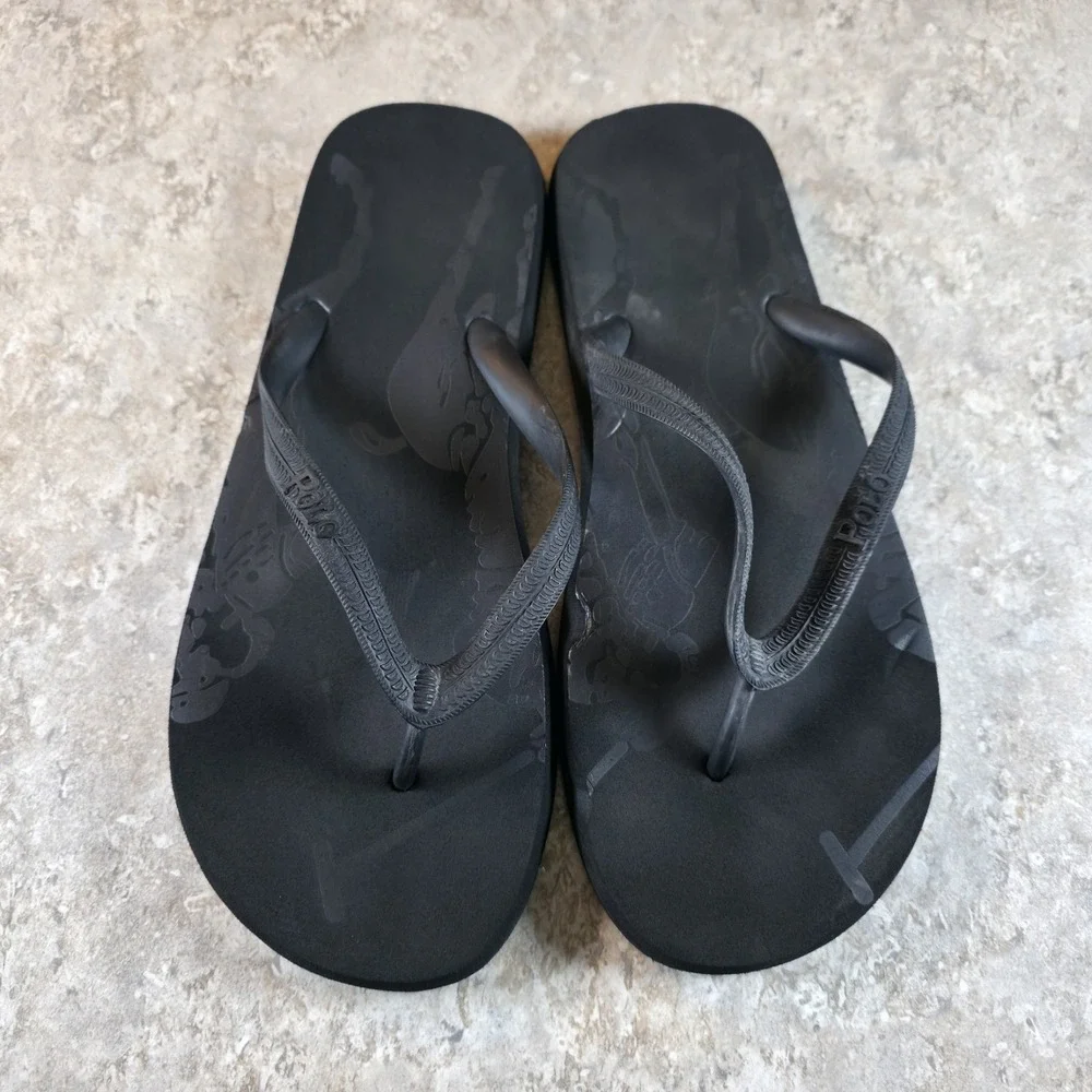 Polo Ralph Lauren Men's Triple Black Slide Sandals Big Logo‎ Size 13 - 14